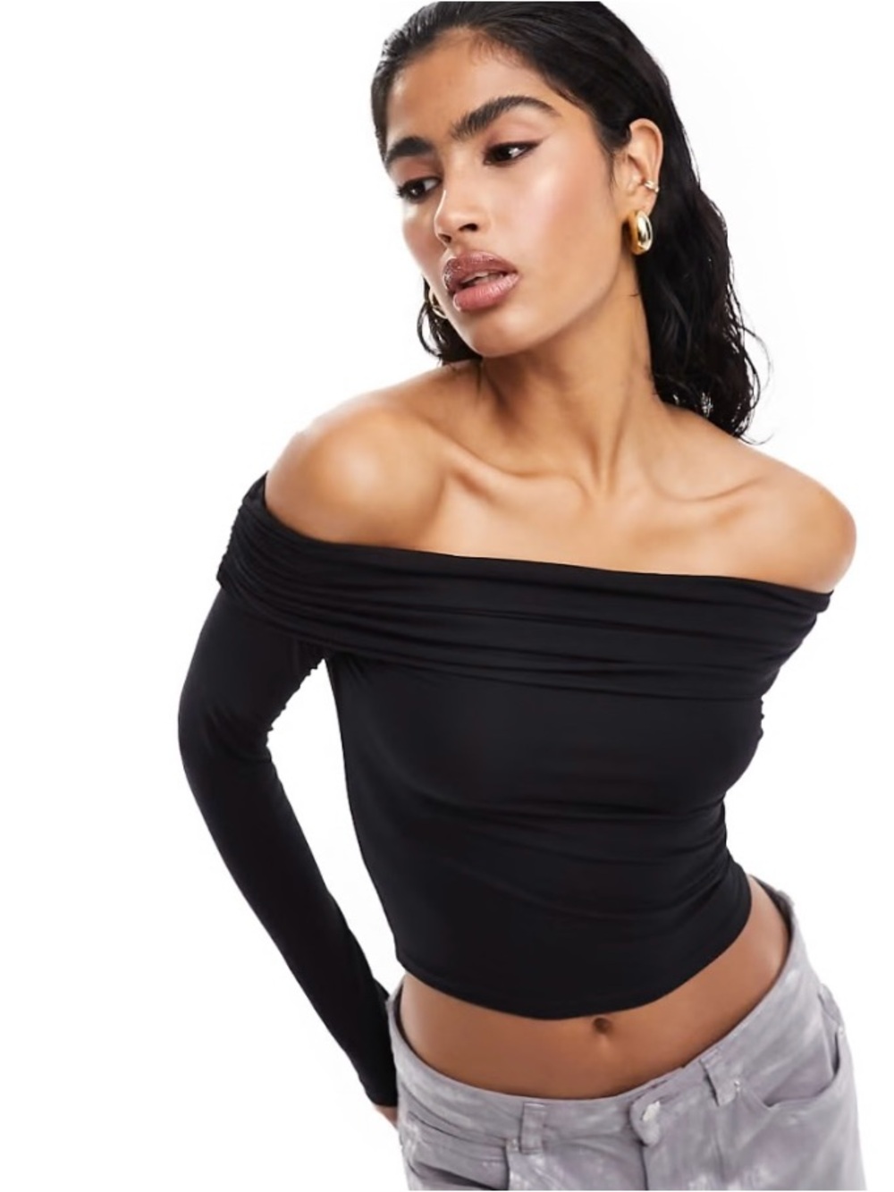 Off-Shoulder Long Sleeve Women’s Top — Black